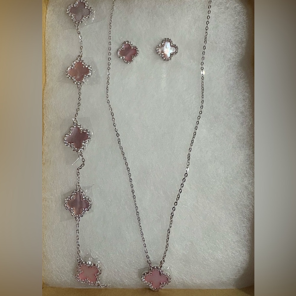 Silver 925 Clover mother of pearl color pink-Necklace and Earrings